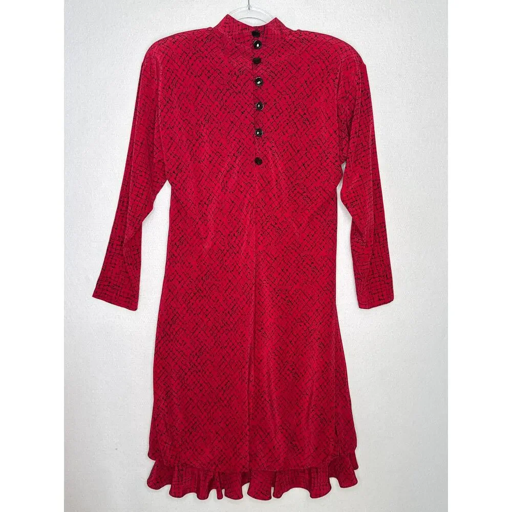 1980s Outlines Debora Kuchme Red Silk Balloon Hem Dress Lined size 6 oversized